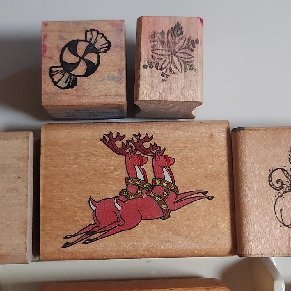 Rubber Stamps Christmas Theme Set Of 10 Holiday Wooden Stamps